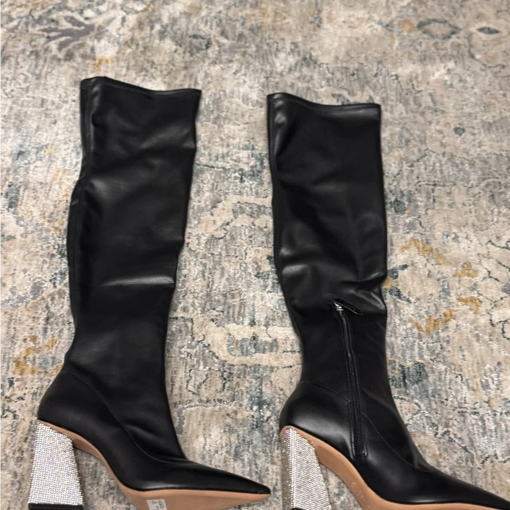 Schutz Black Over-the-Knee Boots with Silver Rhinestone Heel Size 8.5 NWT